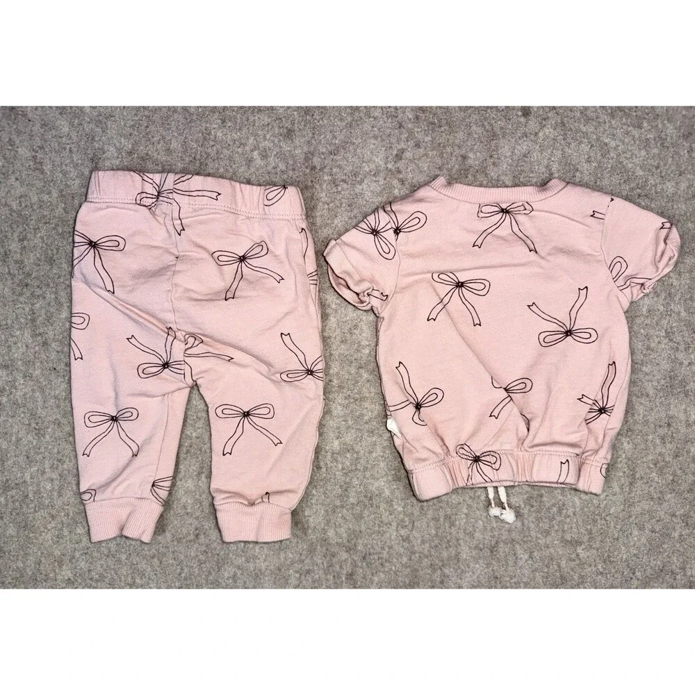 Rabbit Bear Baby Girl 0-3 Month Organic Pink Bows 2 Piece Sweat Set